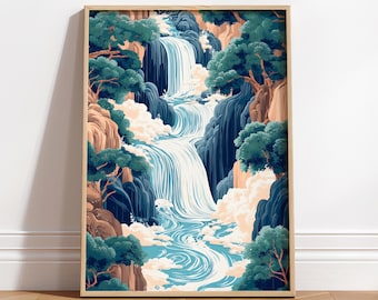Hokusai Ukiyo-e Japanese waterfall wall art, Landscape poster, Blue green print, Japandi home decor