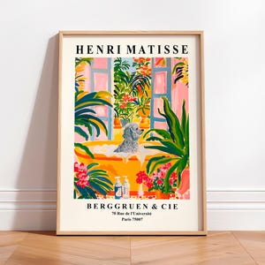 Kunstprint poedel in bad: badkamerdecor grappige hond, Henri Matisse-stijl