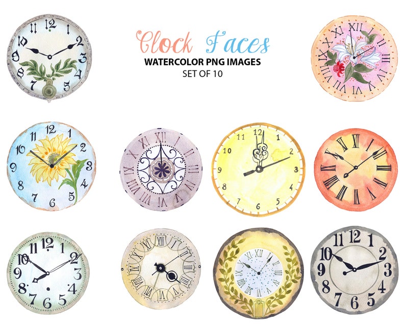 Vintage Clock Faces Clipart Clocks Clip Art Watercolor Etsy