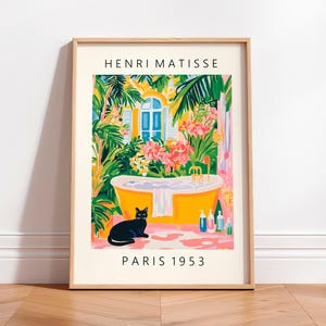 Schwarze Katze Gemälde, Funky Badezimmer Dekor inspiriert von Henri Matisse Kunststil, Ästhetische Wandkunst, Galerie Ausstellung Druck