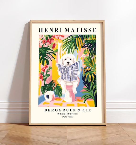 Coton de Tulear On a Toilet Wall Art - Matisse Style Bathroom Print