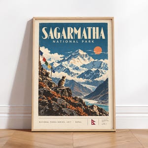 Sagarmatha National Park Vintage Travel Poster – Retro Himalayan landscape, Cat Wall Art