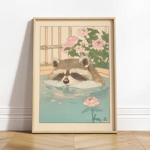 Procione in una vasca da bagno, stampa da bagno kawaii, arte murale giapponese vintage, poster spa, minimalismo estetico, stampa Japandi neutra