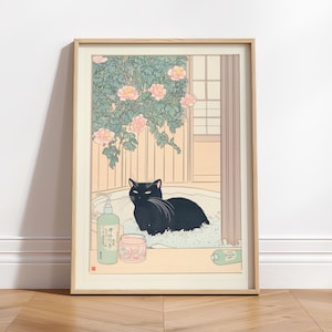 Art mural de salle de bain Japandi, affiche de chat noir japonais, impression d'art du Japon, art mural esthétique, affiche minimaliste neutre