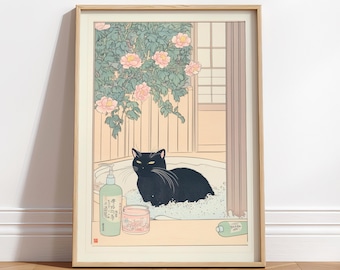 Japandi bathroom wall art, Japanese black cat poster, Japan art print, Aesthetic wall art, Neutral minimalist poster