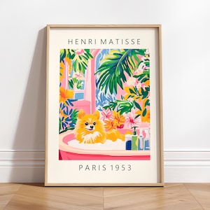 Poméranie dans la baignoire, impression d'art chien, décoration dopamine rose, art mural Matisse, affiche de salle de bain drôle pour les amateurs de chiens