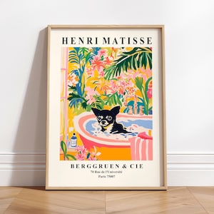 Póster estético de chihuahua negro, lámina artística de perro, decoración divertida para el baño, lámina rosa de Matisse, arte mural bohemio.