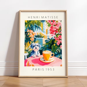 Schnauzer che beve caffè, decorazione Dopamina, poster cane divertente, arte murale rosa per cucina, stampa di Henri Matisse, poster massimalista
