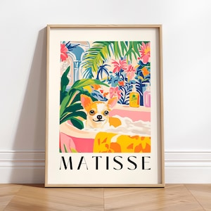 Stampa di un chihuahua nella vasca da bagno, decorazione di Dopamina, stampa artistica di un cane, arte divertente per il bagno, decorazione tropicale per il bagno, arte murale di Matisse, decorazione massimalista
