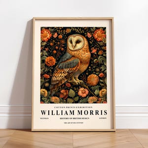 メンフクロウの絵画、ウィリアム・モリスのポスター、植物のプリント、コテージコアの装飾、鳥のプリント