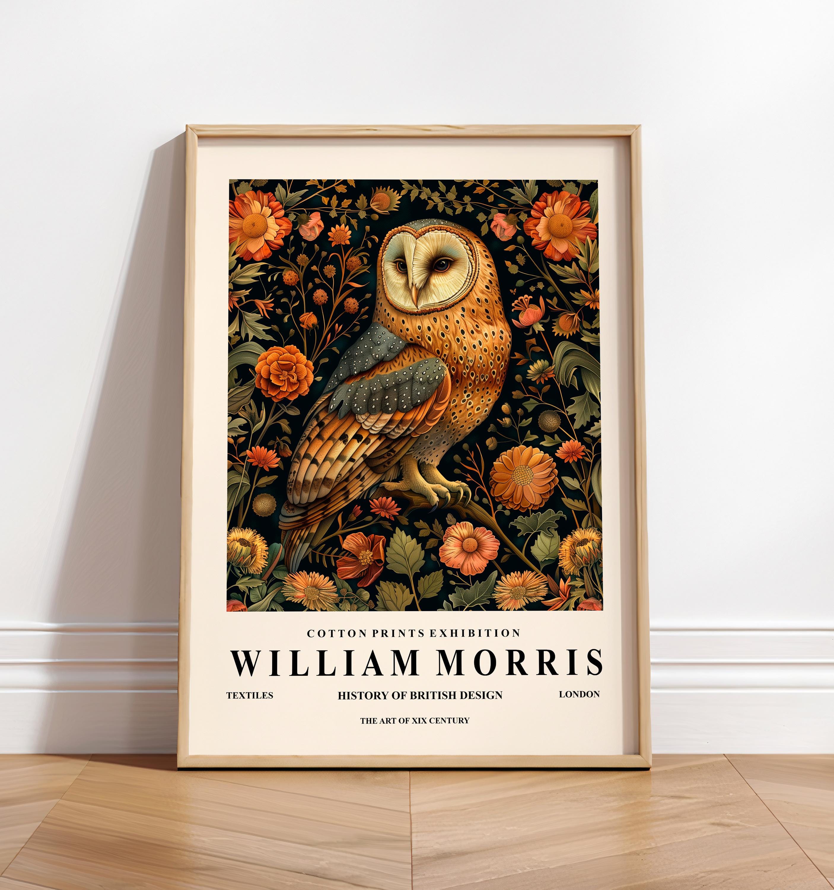Barn owl painting, William Morris poster, Botanical print, Cottagecore decor, Bird print