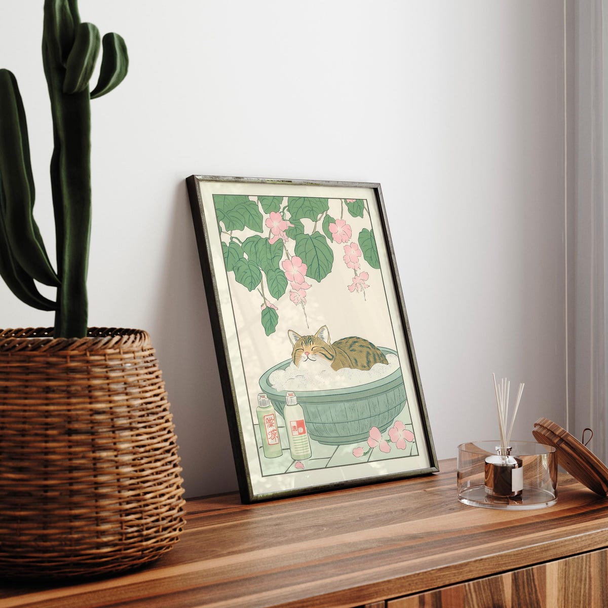 Tabby Cat in Bathtub, Japanese Bathroom Decor, Japan Art Print, Aesthetic Wall Art, Neutral Minimalist Poster - Etsy