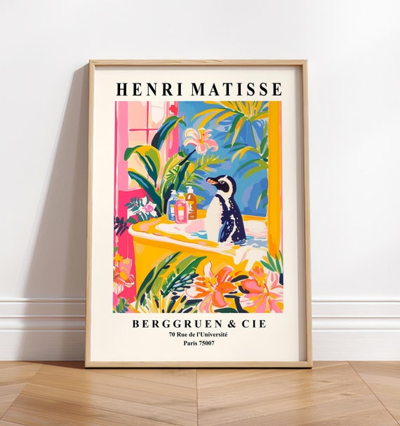 Penguin in Bathtub Art Print: Matisse Style Tropical Bathroom