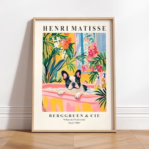 Bulldog francés en la bañera, Póster divertido para el baño, Decoración de dopamina, Lámina artística de perro, Lámina de Matisse, Decoración tropical para el baño, Póster maximalista