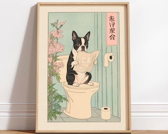 Boston Terrier on toilet: Japandi washroom decor, Japanese bathroom print