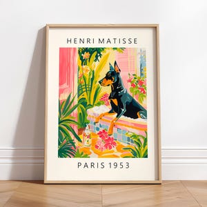 Doberman dans la baignoire, affiche de salle de bain drôle pour les amoureux des chiens, art mural Matisse, impression d'art chien, déco dopamine rose