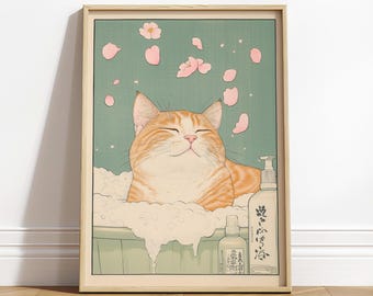 Impresión de baño de gato atigrado japonés jengibre: arte mural estilo ukiyo-e