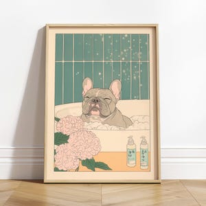 Bulldog francese grigio che fa il bagno, stampa giapponese per il bagno, arte kawaii per cani, stampa Ukiyo-e, poster estetico neutro, poster minimalista