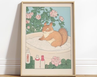 Squirrel in Bathtub Ukiyo-e Print: Japandi Bathroom Art