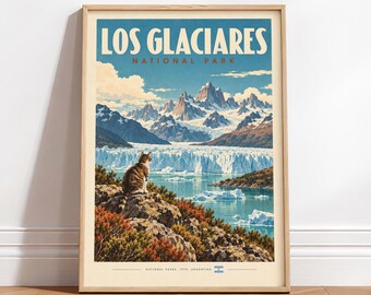 Los Glaciares National Park Travel Wall Art – Vintage mountain landscape, Cat Print
