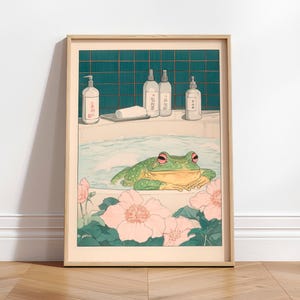 Frog in Bathtub Art Print: Japandi Bathroom Wall Decor