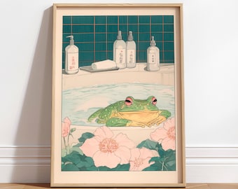 Frog in Bathtub Art Print: Japandi Bathroom Wall Decor