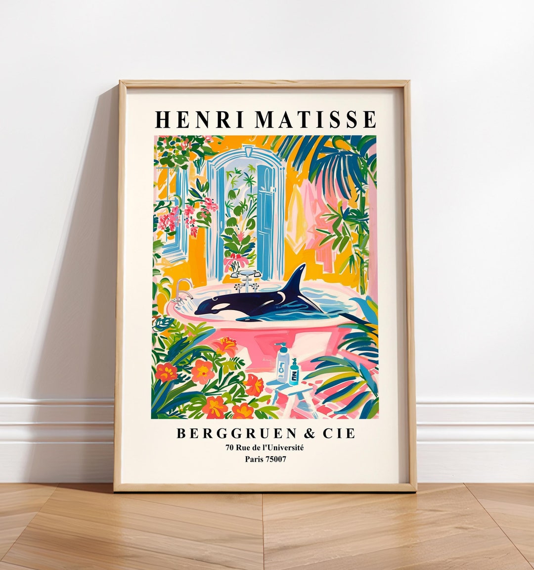 Matisse Style Orca in Bathtub Art Print: Tropical Bathroom Decor
