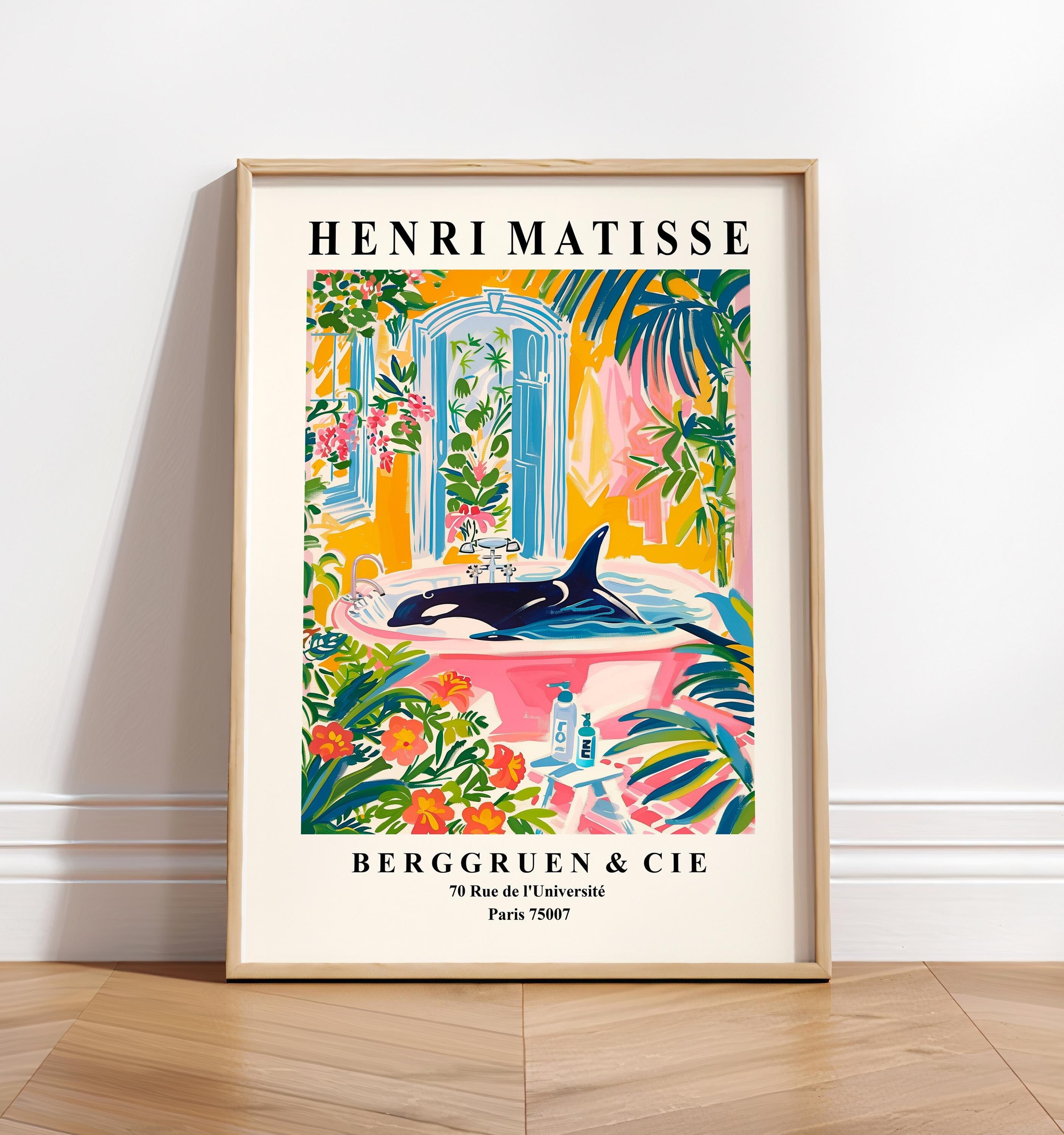 Orca in bathtub art print, Pink tropical print, Henri Matisse art,  Animal poster, Whale print, Bathroom decor