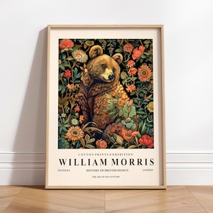 Pôster de urso pardo, gravura artística de William Morris, decoração Dark Cottagecore, gravura de floresta, pôster de exposição de meados do século
