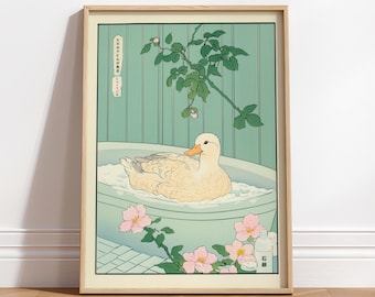 Duck in Bathtub Wall Art: Ukiyo-e Japanese Bathroom Print