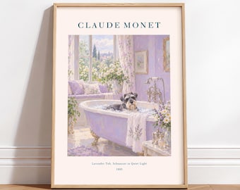 Monet Inspired Schnauzer Print, Bathroom Poster, Floral Bathtub Wall Art, Dog Print
