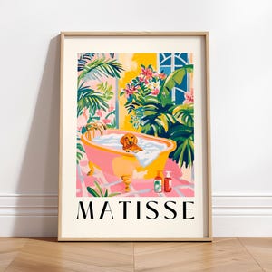 Dachshund in bathtub funny decor, Matisse print, Pink bathroom decor, Mid century modern dog wall art, Dopamine decor