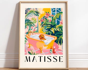 Dachshund in Bathtub Art Print: Matisse Style Bathroom Wall Art