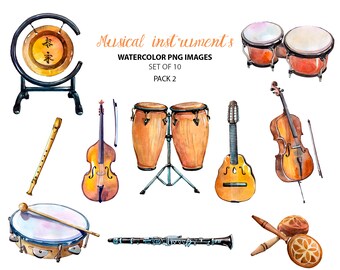 Music clip art - Festive watercolor images - Violin clip art - Bongo clipart