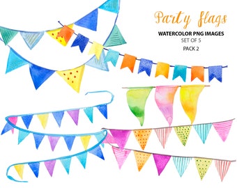 Party flags clipart - Birthday clip art - Festive watercolor images