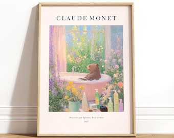 Whimsical Bear in Bathtub Art Print: Monet Style Cottage Decor
