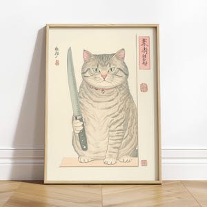 Japanese Cat Print: Funny Tabby Cat with Knife, Ukiyo-e Kitchen Art