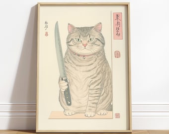 Impresión de gato japonés: divertido gato atigrado con cuchillo, arte de cocina ukiyo-e