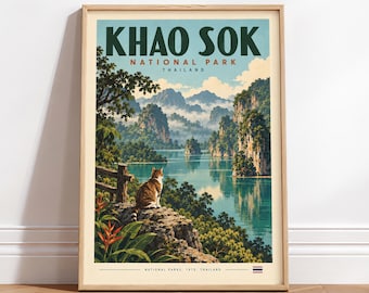 Khao Sok National Park Print – Retro Thailand Travel Art with Cat (Unframed)