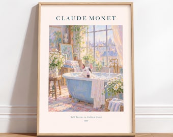 Bull Terrier Wall Art, Monet Style Dog Poster, Floral Bathroom Print, Bathtub Decor