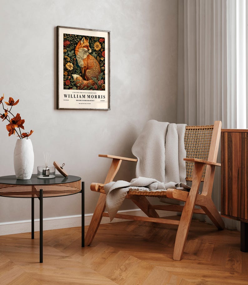 May include: A framed print of a fox surrounded by flowers. The print is titled "William Morris" and features a vintage design.