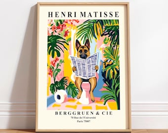Duitse herder badkamerkunstprint – grappige poster in Matisse-stijl hond