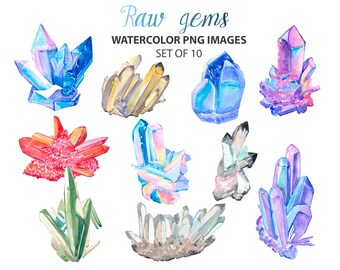 Raw crystal clipart - Natural gem clip art - Watercolor precious stones