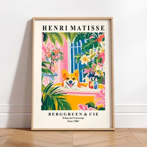 Stampa artistica di Corgi, poster divertente per vasca da bagno di Henri Matisse, regalo per mamma Corgi, decorazione murale con cane, decorazione Dopamine, decorazione tropicale per il bagno