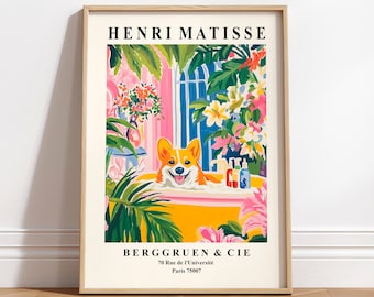 May include: A colourful poster featuring a corgi dog in a bathtub surrounded by lush green plants and flowers. The poster is titled "Henri Matisse" and includes the text "Berggruen & Cie 70 Rue de l'Université Paris 75007".