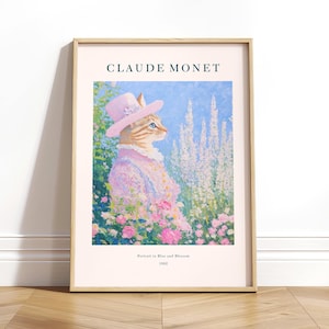 Decorazione in stile cottage francese, stampa di gatti di Claude Monet, decorazione murale in stile cottagecore leggero, arredamento shabby chic per la casa, poster di gatti, stampa di campi di fiori selvatici