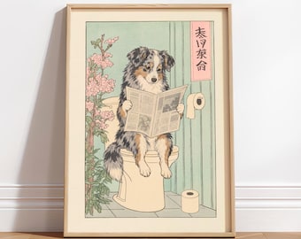 Japandi Japanese Woodblock Miniature American Shepherd Print: Funny Bathroom Decor, Dog Wall Art