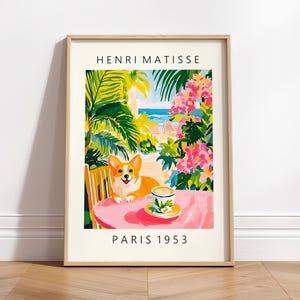 Corgi buvant du café, impression de chien drôle, art mural de cuisine rose, décor de dopamine, impression d'Henri Matisse, affiche maximaliste