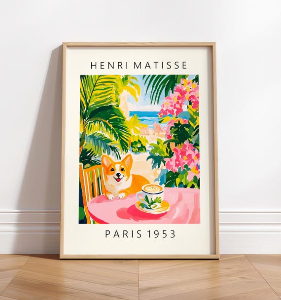 Corgi Coffee Print: Matisse Style Pink Kitchen Art - Etsy