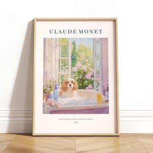 Stampa artistica di Cavalier King Charles Spaniel, stampa per bagno in stile cottage francese, arte Grandmillennial, arredamento shabby chic, stampa murale Lilac Gardencore